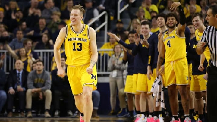 ANN ARBOR, MICHIGAN - FEBRUARY 28: Ignas Brazdeikis #13 of the Michigan Wolverines reacts after second half three point basket while playing the Nebraska Cornhuskers at Crisler Arena on February 28, 2019 in Ann Arbor, Michigan. (Photo by Gregory Shamus/Getty Images)