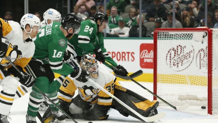 Jan 8, 2022; Dallas, Texas, USA; Dallas Stars center Joe Pavelski (16) scores a goal against Pittsburgh Penguins goaltender Tristan Jarry (35) in the third period at American Airlines Center. Mandatory Credit: Tim Heitman-USA TODAY Sports