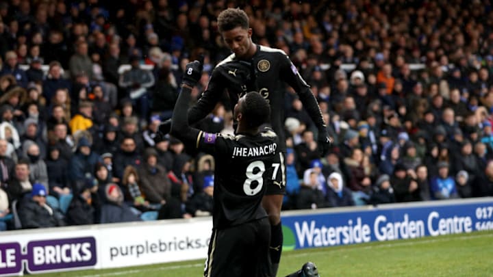 PETERBOROUGH, ENGLAND - JANUARY 27: Kelechi Iheanacho of Leicester City celebrates scoring his side's third goal with Demarai Gray during The Emirates FA Cup Fourth Round match between Peterborough United and Leicester City at ABAX Stadium on January 27, 2018 in Peterborough, England. (Photo by Mark Thompson/Getty Images)