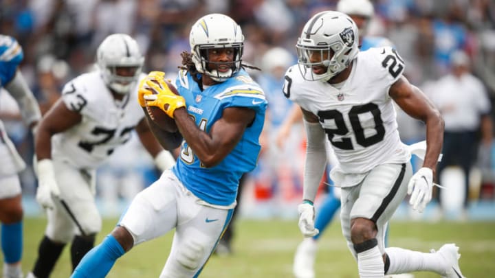CARSON, CA - OCTOBER 07: Defensive back Obi Melifonwu #20 of the Oakland Raiders looks to tackle wide receiver Mike Williams #81 of the Los Angeles Chargers in the third quarter at StubHub Center on October 7, 2018 in Carson, California. (Photo by Sean M. Haffey/Getty Images)