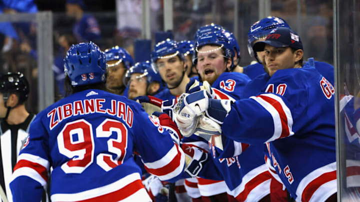 The New York Rangers celebrate a second period goal by Mika Zibanejad #93 . (Photo by Bruce Bennett/Getty Images)