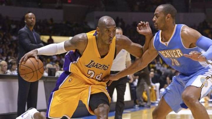 Oct 6, 2014; San Diego, CA, USA; Los Angeles Lakers guard Kobe Bryant (24) is defended by Denver Nuggets guard Arron Afflalo (10) during the second half at Valley View Casino Center. Mandatory Credit: Jake Roth-USA TODAY Sports