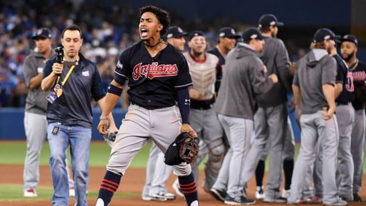 Oct 19, 2016; Toronto, Ontario, CAN; Cleveland Indians shortstop Francisco Lindor (12) celebrates beating the Toronto Blue Jays in game five of the 2016 ALCS playoff baseball series at Rogers Centre. Mandatory Credit: Nick Turchiaro-USA TODAY Sports