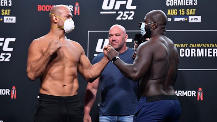 LAS VEGAS, NEVADA - AUGUST 14: (L-R) Opponents Junior Dos Santos of Brazil and Jairzinho Rozenstruik of Suriname face off during the UFC 252 weigh-in at UFC APEX on August 14, 2020 in Las Vegas, Nevada. (Photo by Jeff Bottari/Zuffa LLC)