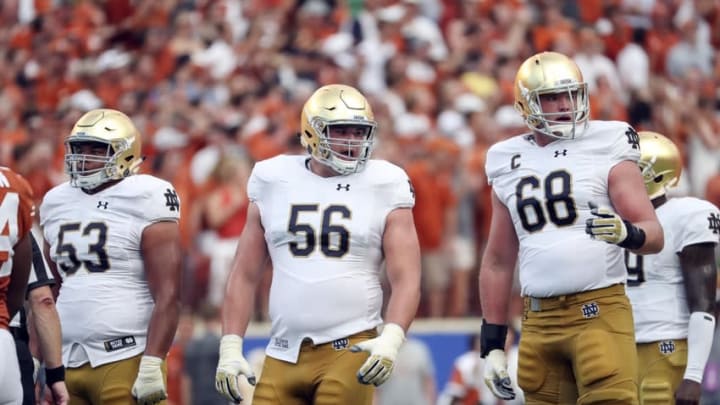 Sep 4, 2016; Austin, TX, USA; Notre Dame Fighting Irish offensive lineman Sam Mustipher (53) and offensive lineman Quenton Nelson (56) and offensive lineman Mike McGlinchey (68) during the game against the Texas Longhorns at Darrell K Royal-Texas Memorial Stadium. Mandatory Credit: Kevin Jairaj-USA TODAY Sports