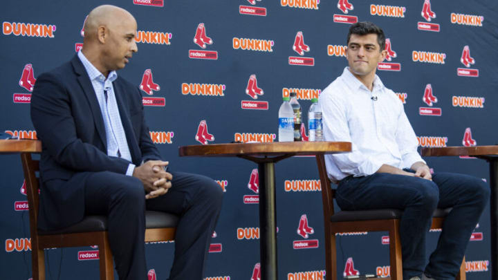 BOSTON, MA - NOVEMBER 10: Alex Cora speaks alongside Chief Baseball Officer Chaim Bloom during a press conference introducing him as the manager of the Boston Red Sox on November 10, 2020 at Fenway Park in Boston, Massachusetts. (Photo by Billie Weiss/Boston Red Sox/Getty Images)