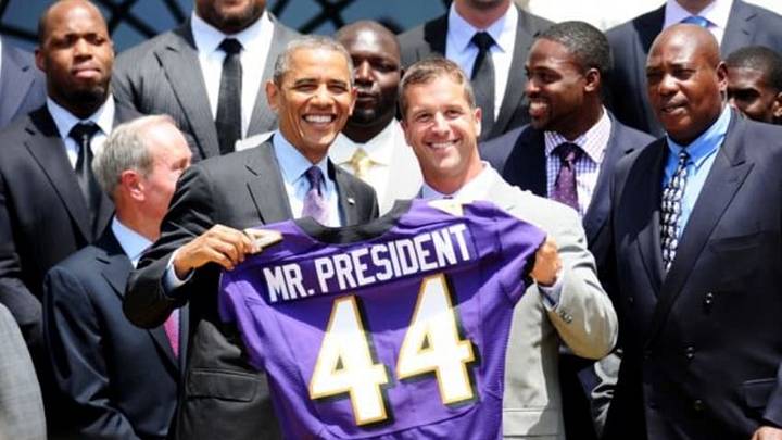 Jun 5, 2013; Washington, DC, USA; Baltimore Ravens head coach John Harbaugh (right) presents President Barack Obama (left) with a football jersey at The White House. Mandatory Credit: Evan Habeeb-USA TODAY Sports Jun 5, 2013; Washington, DC, USA; Baltimore Ravens head coach John Harbaugh (right) presents President Barack Obama (left) with a football jersey at The White House. Mandatory Credit: Evan Habeeb-USA TODAY Sports