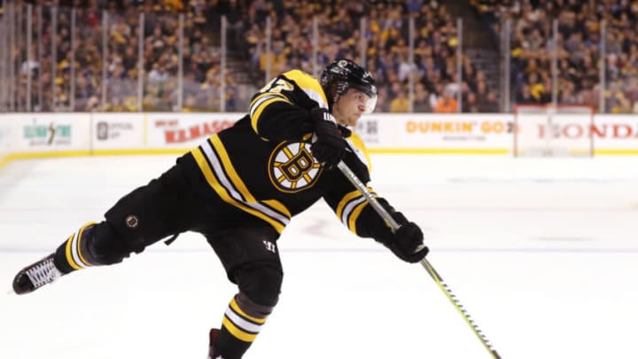 BOSTON, MA - APRIL 21: Torey Krug #47 of the Boston Bruins takes a shot against the Toronto Maple Leafs during the third period of Game Five of the Eastern Conference First Round in the 2018 Stanley Cup play-offs at TD Garden on April 21, 2018 in Boston, Massachusetts. The Leafs defeat the Bruins 4-3. (Photo by Maddie Meyer/Getty Images)