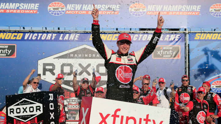 LOUDON, NEW HAMPSHIRE - JULY 20: Christopher Bell, driver of the #20 Rheem-Watts Toyota, celebrates in Victory Lane after winning the NASCAR Xfinity Series ROXOR 200 at New Hampshire Motor Speedway on July 20, 2019 in Loudon, New Hampshire. (Photo by Chris Trotman/Getty Images) LOUDON, NEW HAMPSHIRE - JULY 20: Christopher Bell, driver of the #20 Rheem-Watts Toyota, celebrates in Victory Lane after winning the NASCAR Xfinity Series ROXOR 200 at New Hampshire Motor Speedway on July 20, 2019 in Loudon, New Hampshire. (Photo by Chris Trotman/Getty Images)
