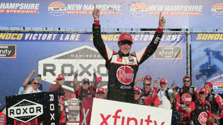 LOUDON, NEW HAMPSHIRE - JULY 20: Christopher Bell, driver of the #20 Rheem-Watts Toyota, celebrates in Victory Lane after winning the NASCAR Xfinity Series ROXOR 200 at New Hampshire Motor Speedway on July 20, 2019 in Loudon, New Hampshire. (Photo by Chris Trotman/Getty Images)