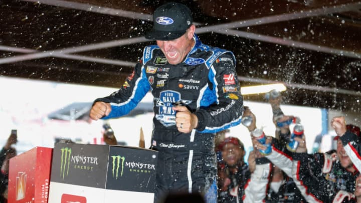 BROOKLYN, MI - JUNE 10: Clint Bowyer (14), driver of the Haas 30 Years of the VF1 Ford, celebrates after winning the rain-shortened Monster Energy NASCAR Cup Series - Firekeepers Casino 400 race on June 10, 2018 at Michigan International Speedway in Brooklyn, Michigan. (Photo by Scott W. Grau/Icon Sportswire via Getty Images)