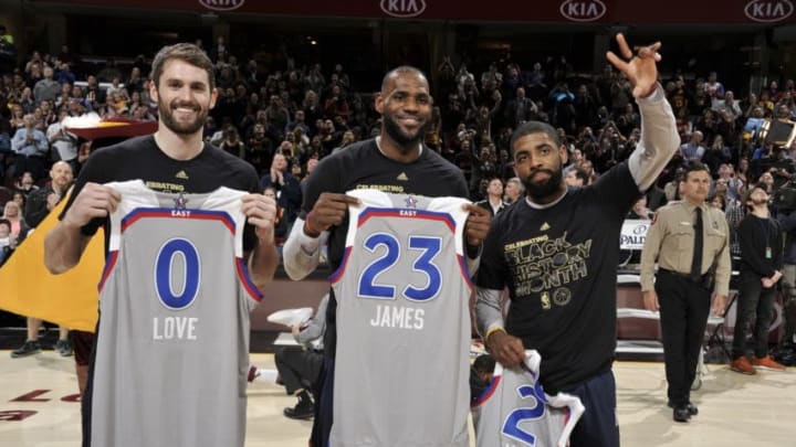CLEVELAND, OH - FEBRUARY 11: Kevin Love #0, LeBron James #23 and Kyrie Irving #2 of the Cleveland Cavaliers show their All_Star jerseys before the game against the Denver Nuggets on February 11, 2017 at Quicken Loans Arena in Cleveland, Ohio. NOTE TO USER: User expressly acknowledges and agrees that, by downloading and or using this Photograph, user is consenting to the terms and conditions of the Getty Images License Agreement. Mandatory Copyright Notice: Copyright 2017 NBAE (Photo by David Liam Kyle/NBAE via Getty Images)