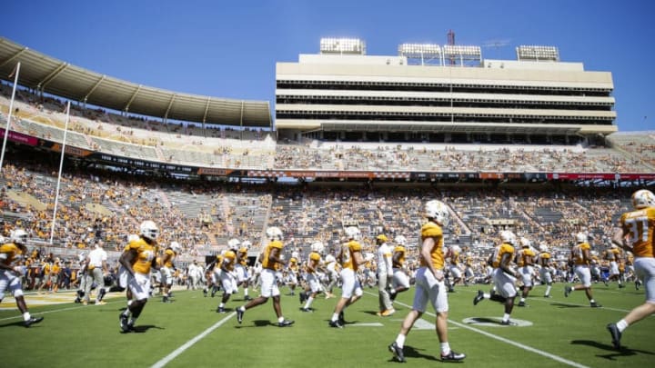 KNOXVILLE, TENNESSEE - AUGUST 31: The Tennessee Volunteers warm up before the season opener against the Georgia State Panthers at Neyland Stadium on August 31, 2019 in Knoxville, Tennessee. (Photo by Silas Walker/Getty Images)