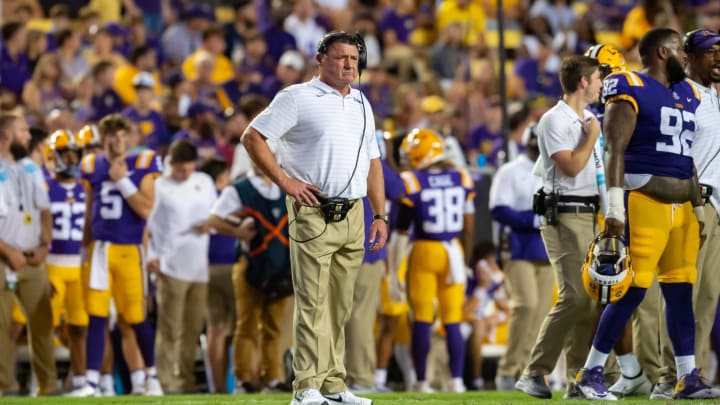Sep 18, 2021; Baton Rouge, LA, USA; LSU Tigers head coach Ed Ogeron looks on from on the sideline as the Tigers take on Central Michigan Chippewas at Tiger Stadium. Mandatory Credit: Scott Clause/The Advertiser via USA TODAY NETWORK