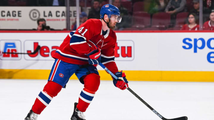 MONTREAL, QC - MARCH 21: Montreal Canadiens left wing Paul Byron (41) skates with the puck at warm-up before the New York Islanders versus the Montreal Canadiens game on March 21, 2019, at Bell Centre in Montreal, QC (Photo by David Kirouac/Icon Sportswire via Getty Images)