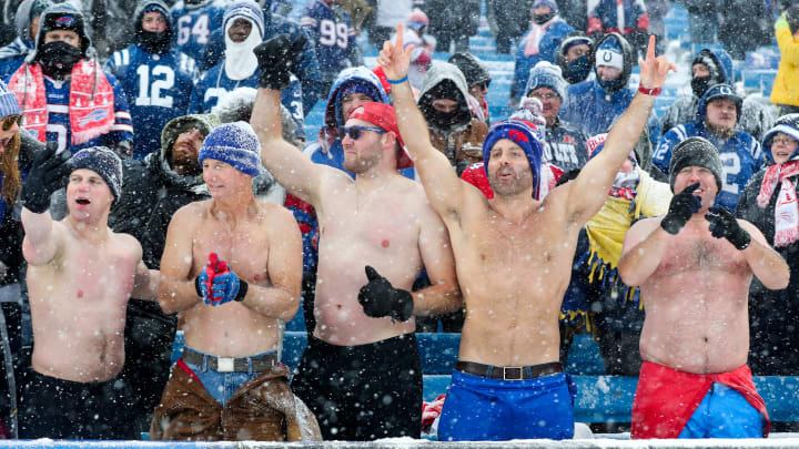 ORCHARD PARK, NY – DECEMBER 10: Fans cheer during while not wearing shirts during the fourth quarter of a game between the Buffalo Bills and Indianapolis Colts on December 10, 2017 at New Era Field in Orchard Park, New York. (Photo by Tom Szczerbowski/Getty Images)
