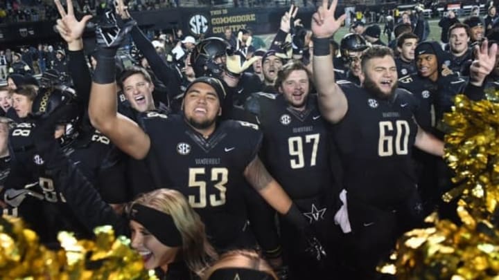 Nov 19, 2016; Nashville, TN, USA; Vanderbilt Commodores players celebrate after a win against the Mississippi Rebels at Vanderbilt Stadium. Vanderbilt won 38-17. Mandatory Credit: Christopher Hanewinckel-USA TODAY Sports