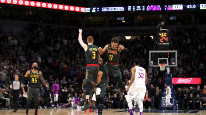 MINNEAPOLIS, MN – DECEMBER 28: Kevin Huerter #3 and Trae Young #11 of the Atlanta Hawks celebrate during the game against the Minnesota Timberwolves on December 28, 2018 at Target Center in Minneapolis, Minnesota. NOTE TO USER: User expressly acknowledges and agrees that, by downloading and or using this Photograph, user is consenting to the terms and conditions of the Getty Images License Agreement. Mandatory Copyright Notice: Copyright 2018 NBAE (Photo by Jordan Johnson/NBAE via Getty Images)