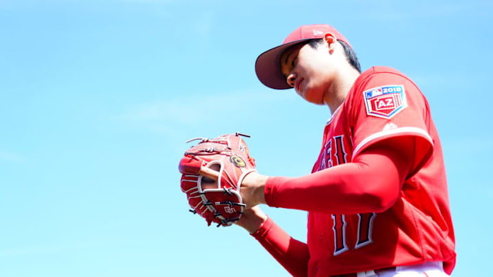 TEMPE, AZ -MARCH 09: Shohei Ohtani of Los Angeles Angels is seen during the practice game against the Tijuana Toros of the Mexican League on March 9, 2018 in Tempe, Arizona. (Photo by Masterpress/Getty Images)