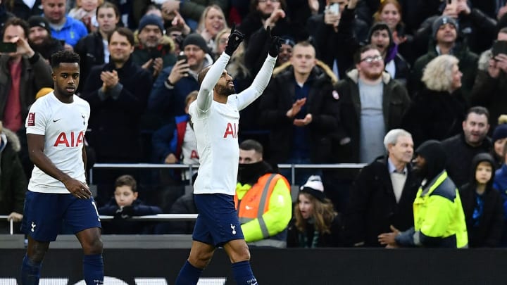 Tottenham Hotspur's Brazilian midfielder Lucas Moura celebrates scoring his team's second goal during the FA Cup third round football match between Tottenham Hotspur and Morecambe at the Tottenham Hotspur Stadium in London, on January 9, 2022. - (Photo by BEN STANSALL/AFP via Getty Images)