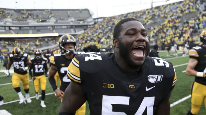 IOWA CITY, IOWA- OCTOBER 19: Defensive tackle Daviyon Nixon #54 of the Iowa Hawkeyes celebrates after the match-up against the Purdue Boilermakers on October 19, 2019 at Kinnick Stadium in Iowa City, Iowa. (Photo by Matthew Holst/Getty Images)