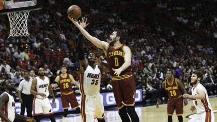 MIAMI, FL – APRIL 10: Kevin Love #0 of the Cleveland Cavaliers in action during a NBA game against the Miami Heat at the American Airlines Arena on April 10, 2017 in Miami, Florida. NOTE TO USER: User expressly acknowledges and agrees that, by downloading and or using this photograph, User is consenting to the terms and conditions of the Getty Images License Agreement. (Photo by Ron Elkman/Sports Imagery/Getty Images)