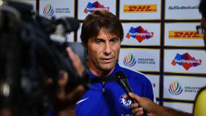 SINGAPORE - JULY 29: Chelsea FC team manager Antonio Conte is interviewed during the International Champions Cup match between FC Internazionale and Chelsea FC at National Stadium on July 29, 2017 in Singapore. (Photo by Thananuwat Srirasant/Getty Images for ICC)