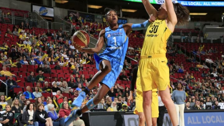 SEATTLE, WA - MAY 25: Diamond DeShields #1 of the Chicago Sky shoots the ball against the Seattle Storm on May 25, 2018 at Key Arena in Seattle, Washington. NOTE TO USER: User expressly acknowledges and agrees that, by downloading and/or using this Photograph, user is consenting to the terms and conditions of Getty Images License Agreement. Mandatory Copyright Notice: Copyright 2018 NBAE (Photo by Joshua Huston/NBAE via Getty Images)