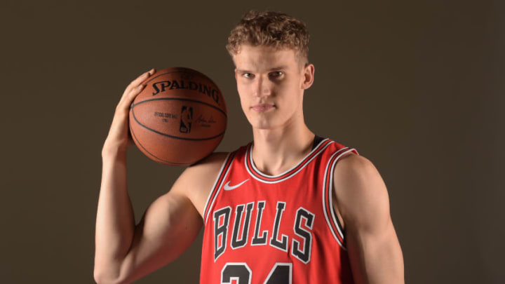 CHICAGO, IL - SEPTEMBER 24: Lauri Markkanen #24 of the Chicago Bulls poses for a portrait at media day on September 24, 2018 at the United Center in Chicago, Illinois. NOTE TO USER: User expressly acknowledges and agrees that, by downloading and or using this photograph, User is consenting to the terms and conditions of the Getty Images License Agreement. Mandatory Copyright Notice: Copyright 2018 NBAE (Photo by Randy Belice/NBAE via Getty Images)