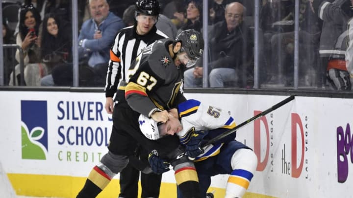 LAS VEGAS, NEVADA - JANUARY 04: Max Pacioretty #67 of the Vegas Golden Knights fights David Perron #57 of the St. Louis Blues during the third period at T-Mobile Arena on January 04, 2020 in Las Vegas, Nevada. (Photo by Jeff Bottari/NHLI via Getty Images)
