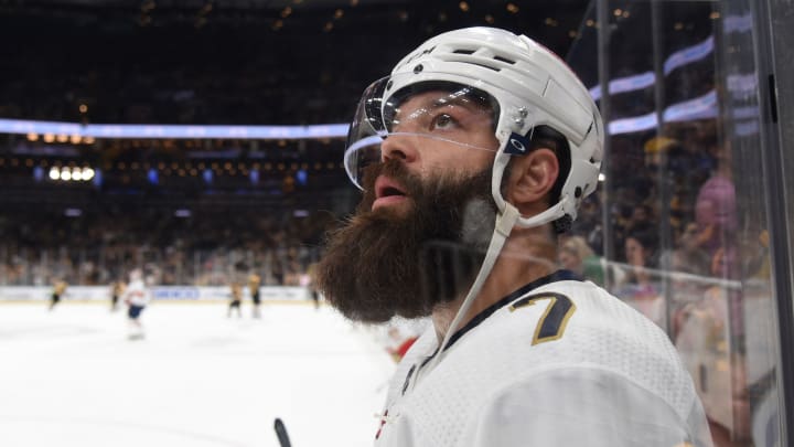 Apr 30, 2023; Boston, Massachusetts, USA; Florida Panthers defenseman Radko Gudas (7) during warmups period prior to game seven of the first round of the 2023 Stanley Cup Playoffs against the Boston Bruins at TD Garden. Mandatory Credit: Bob DeChiara-USA TODAY Sports