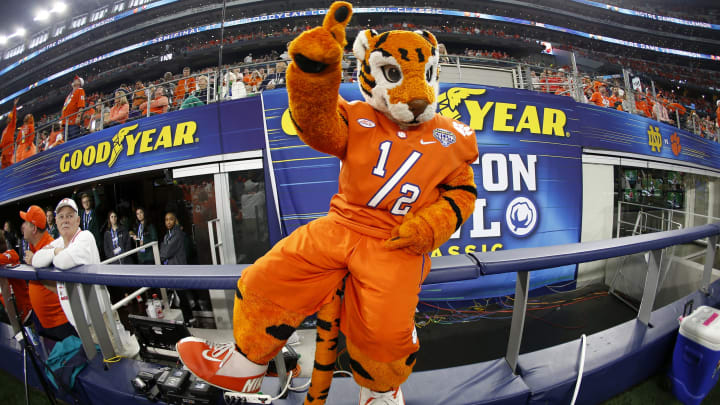 ARLINGTON, TEXAS – DECEMBER 29: The Clemson Tigers mascot gestures in the first half against the Notre Dame Fighting Irish during the College Football Playoff Semifinal Goodyear Cotton Bowl Classic at AT&T Stadium on December 29, 2018 in Arlington, Texas. (Photo by Ron Jenkins/Getty Images)