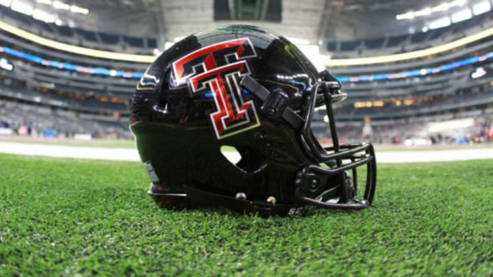 Nov 25, 2016; Arlington, TX, USA; A Texas Tech Red Raiders helmet sits on the field at AT&T Stadium before the game between the Red Raiders and the Baylor Bears. Mandatory Credit: Michael C. Johnson-USA TODAY Sports