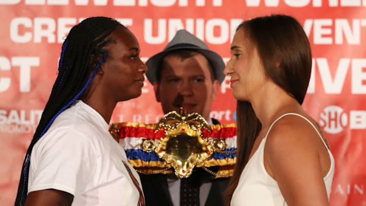 DETROIT, MICHIGAN - AUGUST 14: Undisputed Middleweight World Champion Claressa Shields (L) faces off against Ivana Habazin of Croatia during their press conference prior to their WBO 154-pound title fight scheduled for October 5th, at Hotel St Regis Detroit on August 14, 2019 in Detroit, Michigan. (Photo by Gregory Shamus/Getty Images)