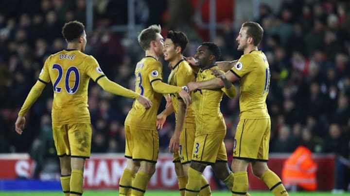 SOUTHAMPTON, ENGLAND - DECEMBER 28: Heung-Min Son of Tottenham Hotspur (7) celebrates with team mates as he scores their third goal during the Premier League match between Southampton and Tottenham Hotspur at St Mary's Stadium on December 28, 2016 in Southampton, England. (Photo by Julian Finney/Getty Images)