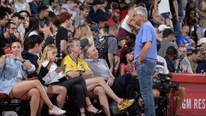 LAS VEGAS, NV - JULY 9: Owner of the Milwaukee Bucks, Wes Edens talks with Marc Lasry at the game between the Milwaukee Bucks and the Brooklyn Nets during the 2017 Las Vegas Summer League on July 9, 2017 at the Cox Pavilion in Las Vegas, Nevada. NOTE TO USER: User expressly acknowledges and agrees that, by downloading and or using this Photograph, user is consenting to the terms and conditions of the Getty Images License Agreement. Mandatory Copyright Notice: Copyright 2017 NBAE (Photo by David Dow/NBAE via Getty Images)