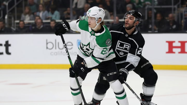 LOS ANGELES, CALIFORNIA – JANUARY 08: Alec Martinez #27 of the Los Angeles Kings defends against Joel Kiviranta #25 of the Dallas Stars during the first period of a game at Staples Center on January 08, 2020 in Los Angeles, California. (Photo by Sean M. Haffey/Getty Images)