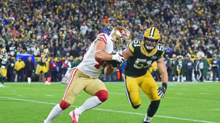 GREEN BAY, WI – OCTOBER 15: Kyle Juszczyk #44 of the San Francisco 49ers is brought down by Kyler Fackrell #51 of the Green Bay Packers during the second half at Lambeau Field on October 15, 2018 in Green Bay, Wisconsin. San Francisco 49ers (Photo by Stacy Revere/Getty Images)