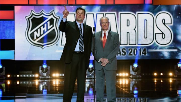 LAS VEGAS, NV - JUNE 24: NBC broadcasters Eddie Olczyk and Michael 'Doc' Emrick on stage during the 2014 NHL Awards at the Encore Theater at Wynn Las Vegas on June 24, 2014 in Las Vegas, Nevada. (Photo by Ethan Miller/Getty Images)