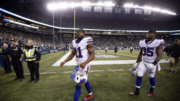 Nov 7, 2016; Seattle, WA, USA; Buffalo Bills wide receiver Percy Harvin (11) and defensive back Sergio Brown (35) walk to the locker room following a 31-25 defeat against the Seattle Seahawks at CenturyLink Field. Mandatory Credit: Joe Nicholson-USA TODAY Sports
