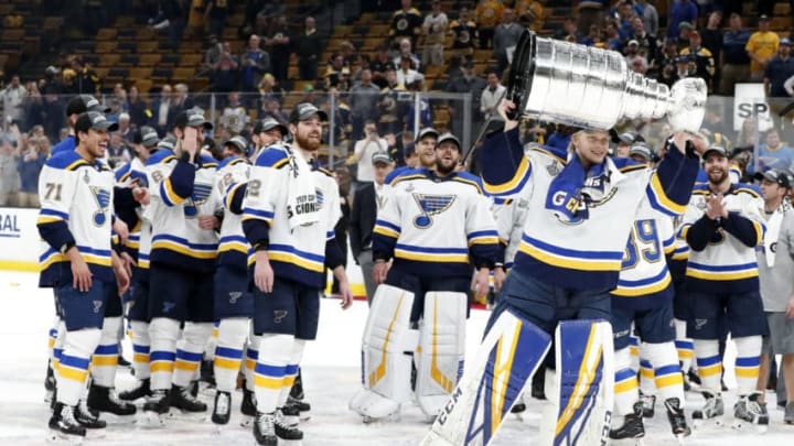 BOSTON, MA - JUNE 12: St. Louis Blues goalie Ville Husso (35) skates with the Stanley Cup after Game 7 of the Stanley Cup Final between the Boston Bruins and the St. Louis Blues on June 12, 2019, at TD Garden in Boston, Massachusetts. (Photo by Fred Kfoury III/Icon Sportswire via Getty Images)