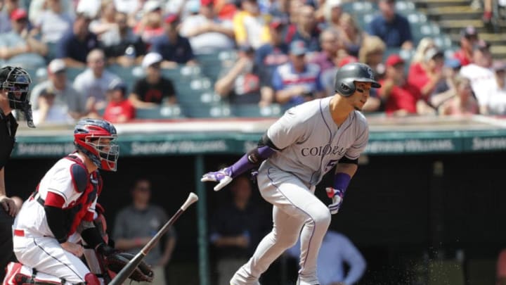 CLEVELAND, OH - AUGUST 09: Carlos Gonzalez #5 of the Colorado Rockies bats against the Cleveland Indians in the second inning at Progressive Field on August 9, 2017 in Cleveland, Ohio. The Rockies defeated the Indians 3-2 in 12 innings. (Photo by David Maxwell/Getty Images)
