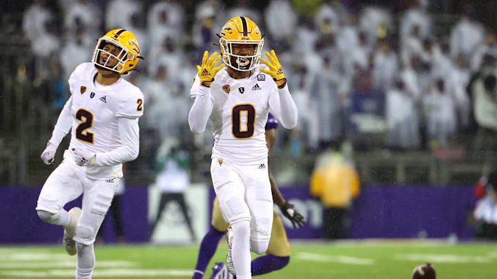 SEATTLE, WASHINGTON – NOVEMBER 13: Jack Jones #0 of the Arizona State Sun Devils reacts after missing an interception attempt during the third quarter against the Washington Huskies at Husky Stadium on November 13, 2021 in Seattle, Washington. (Photo by Abbie Parr/Getty Images)