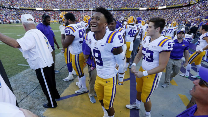 BATON ROUGE, LA – OCTOBER 13: Grant Delpit #9 of the LSU Tigers celebrates during the second half against the Georgia Bulldogs at Tiger Stadium on October 13, 2018 in Baton Rouge, Louisiana. LSU Tigers won 36-16. (Photo by Jonathan Bachman/Getty Images)