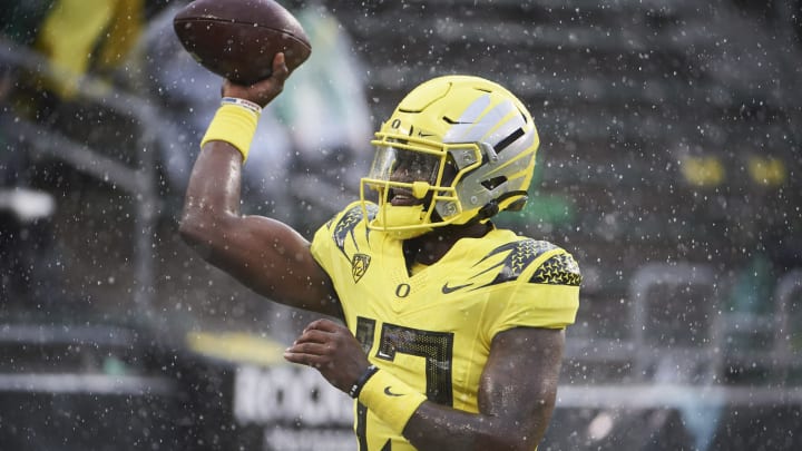 Sep 18, 2021; Eugene, Oregon, USA; Oregon Ducks quarterback Anthony Brown (13) warms up before a game against the Stony Brook Seawolves at Autzen Stadium. Mandatory Credit: Troy Wayrynen-USA TODAY Sports