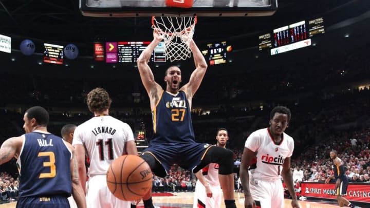 Oct 25, 2016; Portland, OR, USA; Utah Jazz center Rudy Gobert (27) reacts after dunking against the Portland Trail Blazers in the second half at Moda Center at the Rose Quarter. Mandatory Credit: Jaime Valdez-USA TODAY Sports