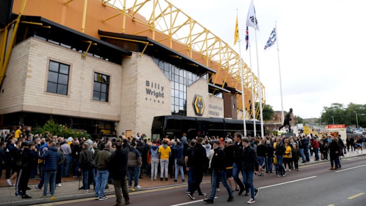 WOLVERHAMPTON, ENGLAND - AUGUST 25: The Manchester City bus arrives at the stadium prior to the Premier League match between Wolverhampton Wanderers and Manchester City at Molineux on August 25, 2018 in Wolverhampton, United Kingdom. (Photo by Shaun Botterill/Getty Images)