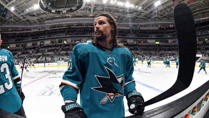 SAN JOSE, CA – APRIL 26: Erik Karlsson #65 of the San Jose Sharks skates during warmups against the Colorado Avalanche in Game One of the Western Conference Second Round during the 2019 NHL Stanley Cup Playoffs at SAP Center on April 26, 2019 in San Jose, California (Photo by Brandon Magnus/NHLI via Getty Images)