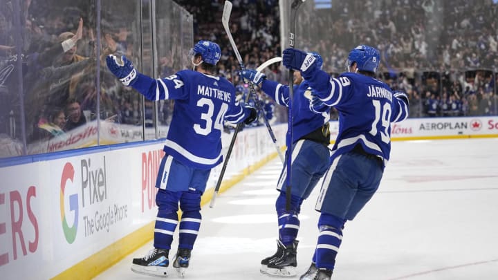 Dec 14, 2023; Toronto, Ontario, CAN; Toronto Maple Leafs forward Auston Matthews (34) reacts after scoring the tying goal to send the game to overtime against the Columbus Blue Jackets during the third period at Scotiabank Arena. Mandatory Credit: John E. Sokolowski-USA TODAY Sports