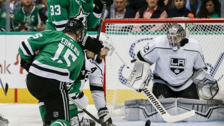 DALLAS, TX - OCTOBER 23: Dallas Stars left wing Blake Comeau (15) shoots the puck and scores a goal towards Los Angeles Kings goaltender Jonathan Quick (32) during the game between the Dallas Stars and the Los Angeles Kings on October 23, 2018 at the American Airlines Center in Dallas, Texas. Dallas defeats LA 4-2. (Photo by Matthew Pearce/Icon Sportswire via Getty Images)